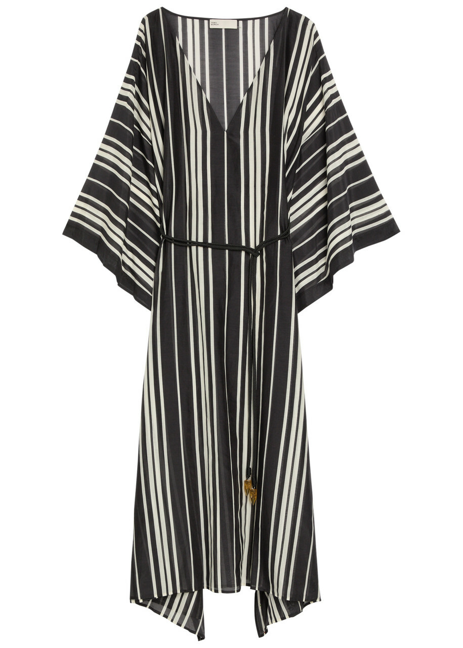 Tory Burch Striped Belted Cotton-blend Kaftan Dress Black