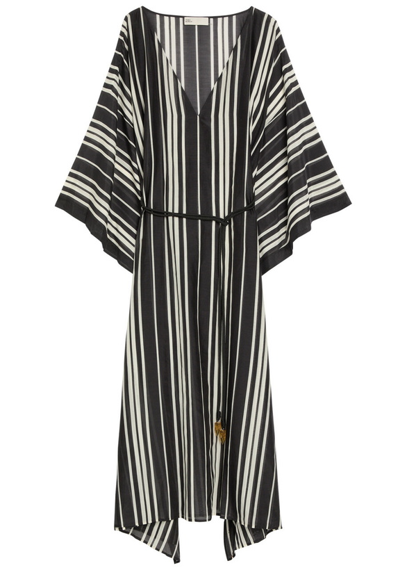 Photo: Tory Burch Striped Belted Cotton-blend Kaftan Dress Black