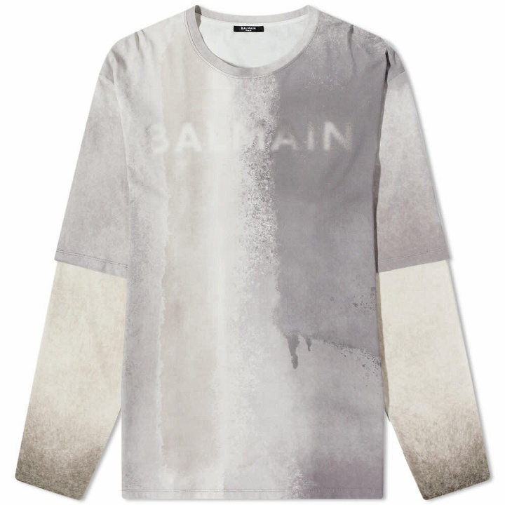 Photo: Balmain Men's Long Sleeve Sprayed Double Layer T-Shirt in Multi Grey/Sand