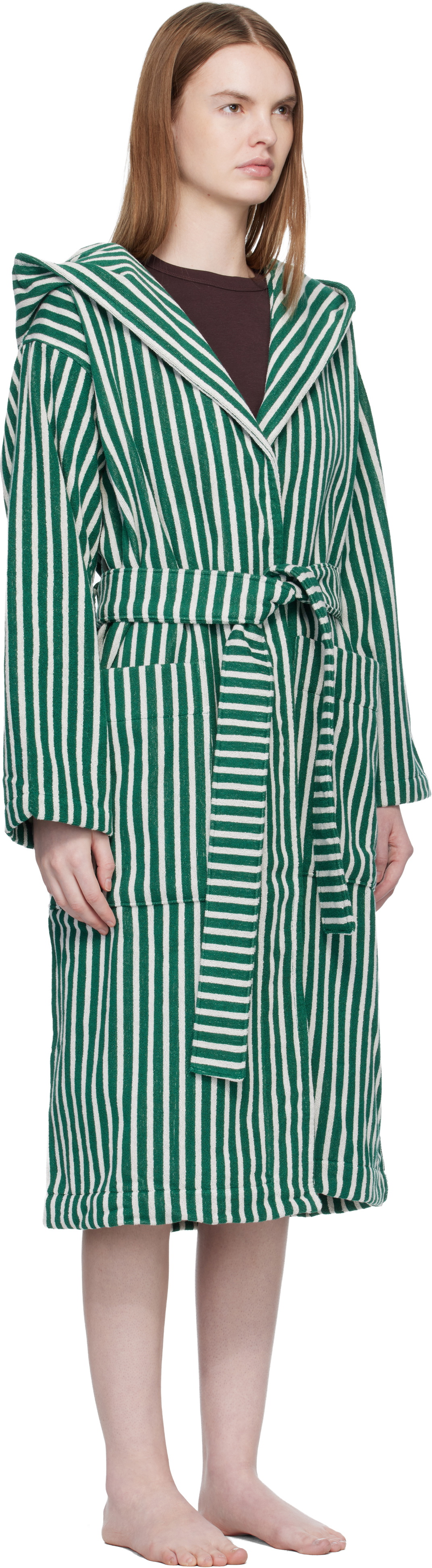 Tekla Green & White Terry Hooded Bathrobe