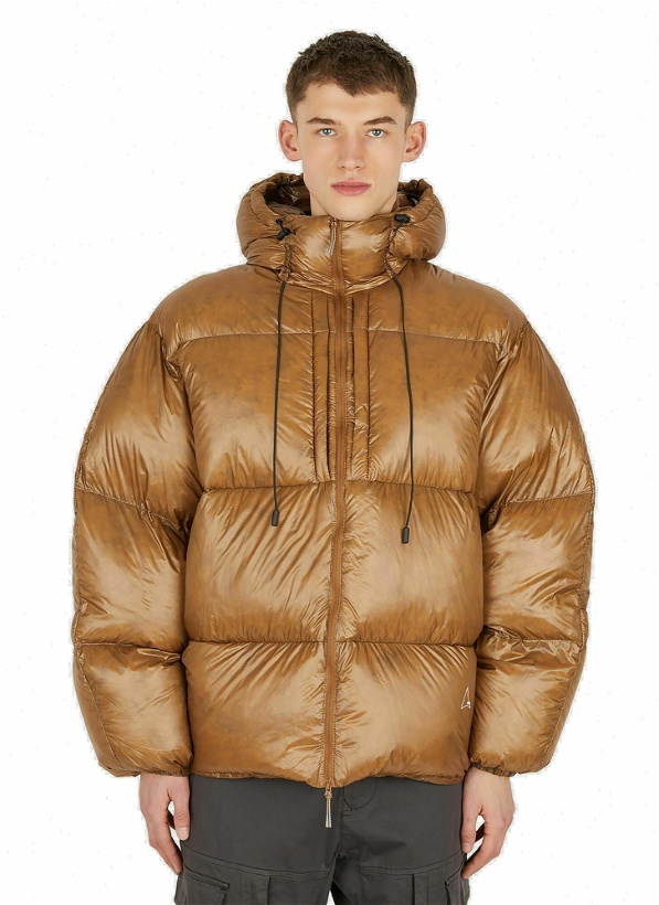 Photo: Shiny Hooded Down Jacket in Brown