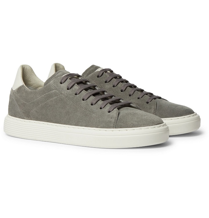 Photo: Brunello Cucinelli - Leather-Trimmed Suede Sneakers - Gray