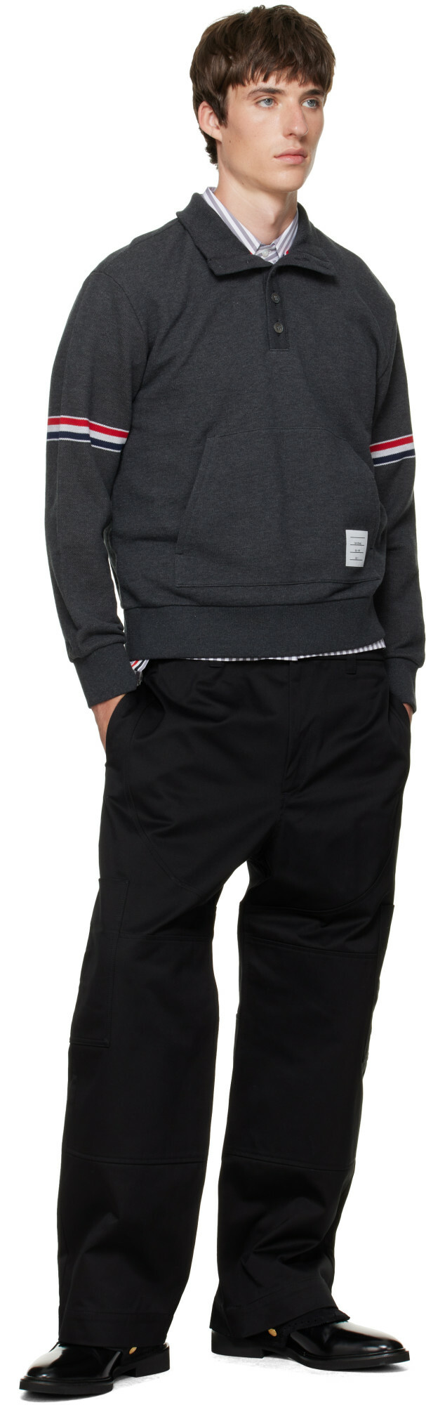 Thom Browne Gray Funnel Neck RWB Pique Loopback Sweatshirt