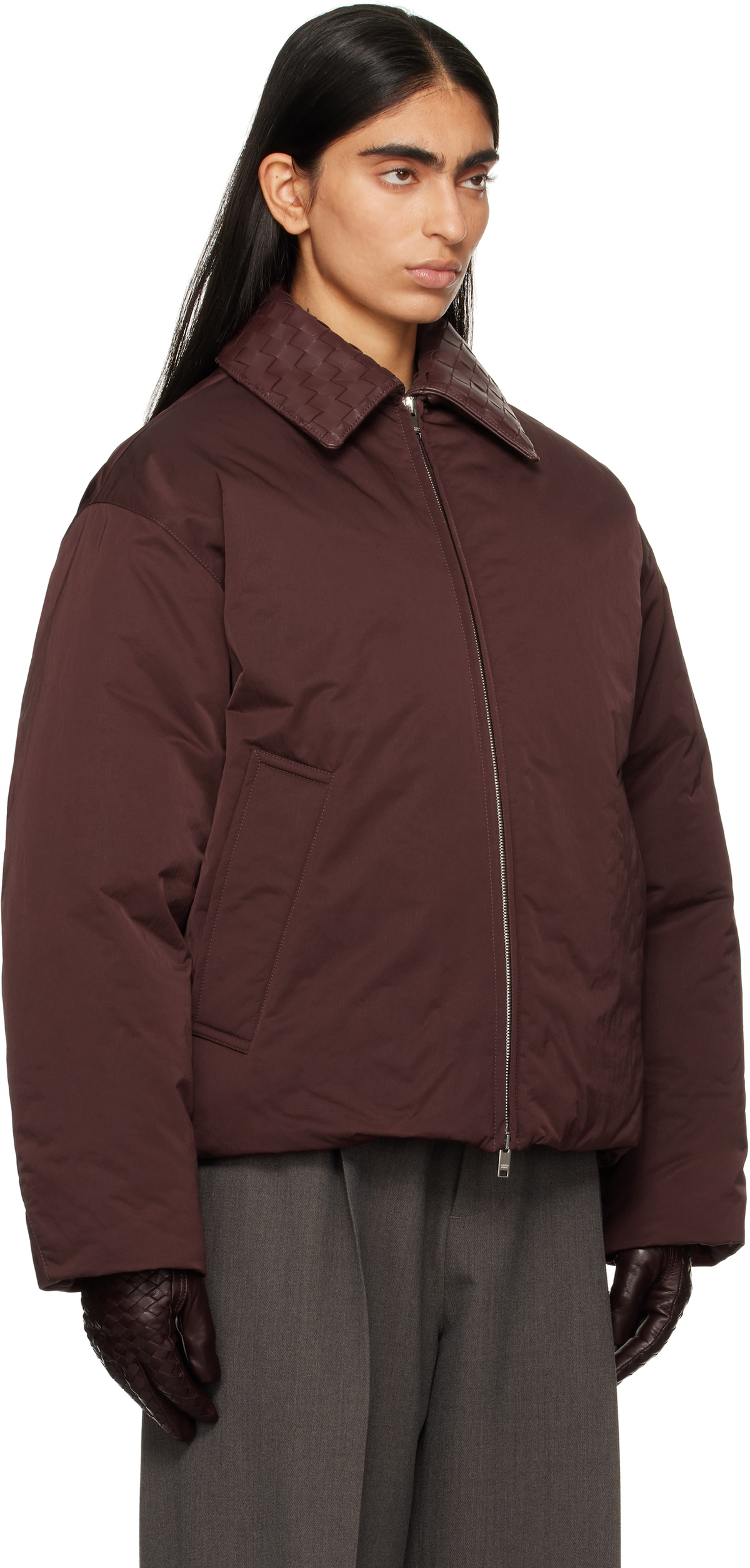 Bottega Veneta Burgundy Tech Nylon Down Puffer Jacket Bottega Veneta
