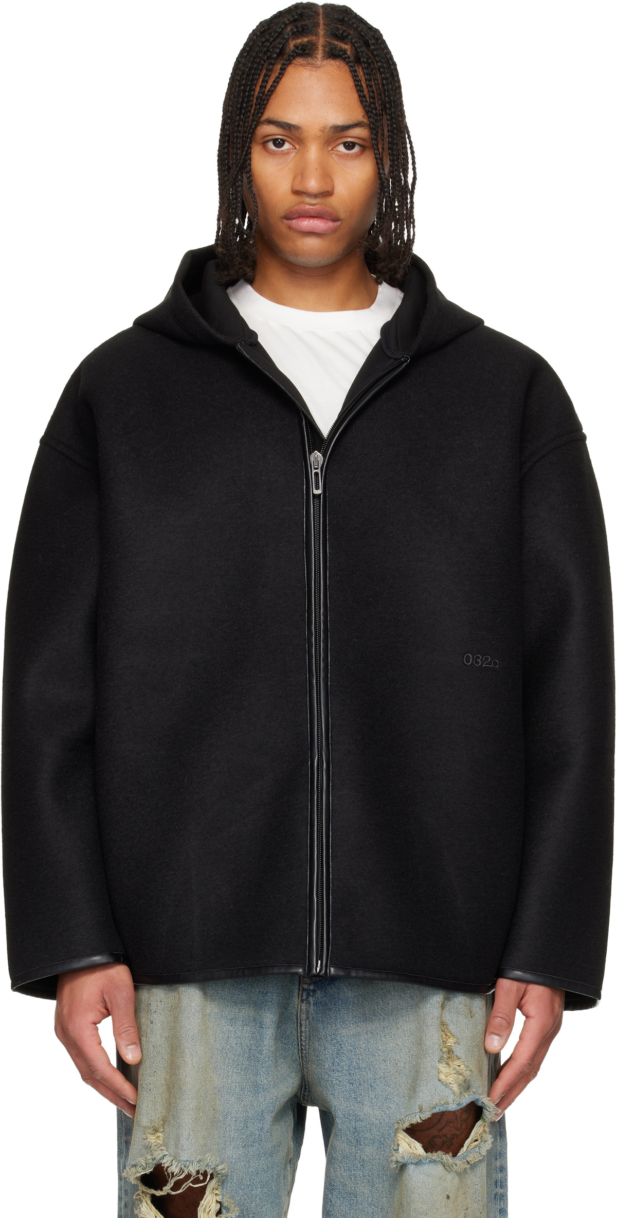 032c Black Neoprene Zip Up Hooded Jacket