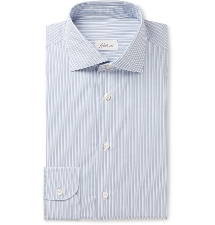 Photo: Brioni - Blue Striped Cotton-Poplin Shirt - Blue