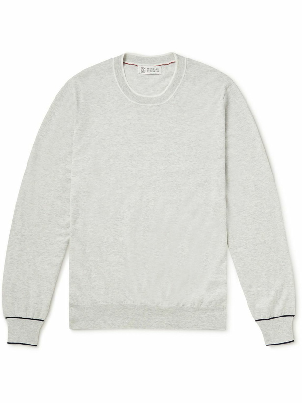 Photo: Brunello Cucinelli - Contrast-Tipped Mélange Cotton Sweater - Gray