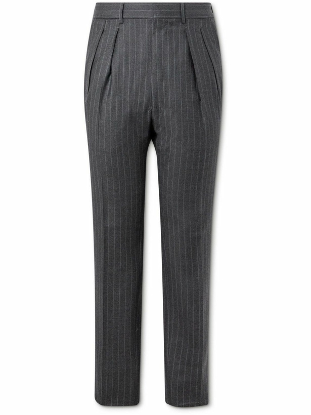Photo: TOM FORD - Slim-Fit Tapered Striped Wool and Silk-Blend Suit Trousers - Gray