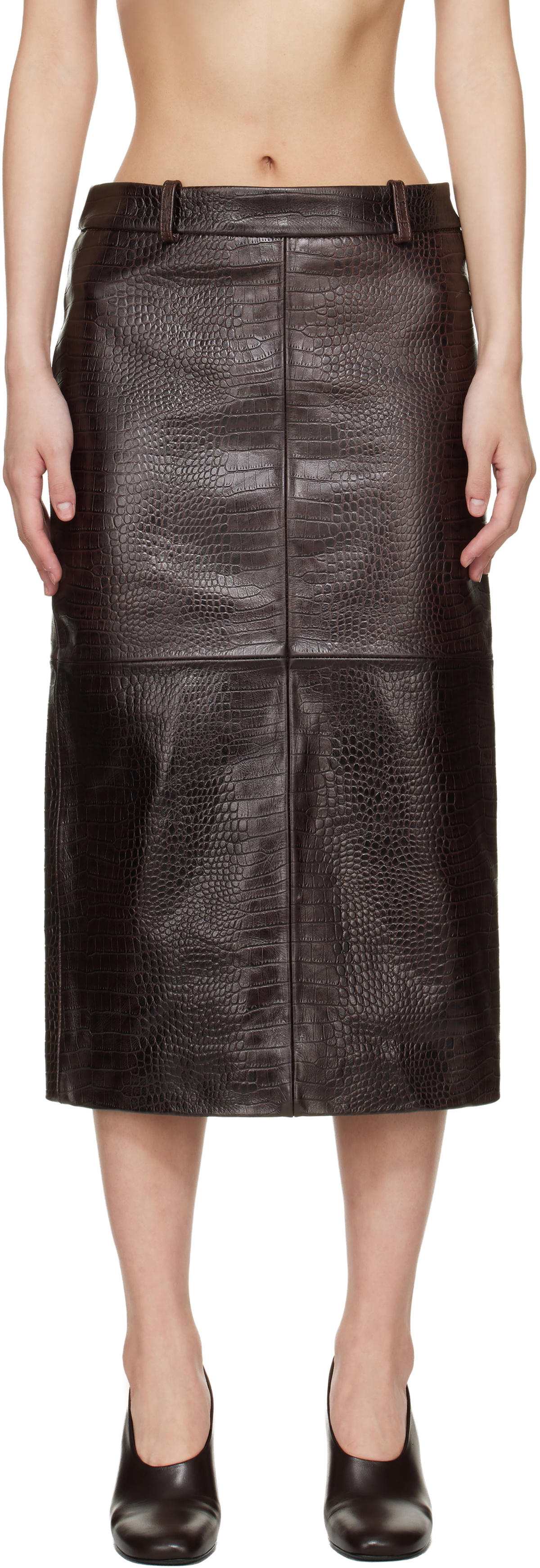 The Frankie Shop Brown Taney Pencil Croc Leather Midi Skirt