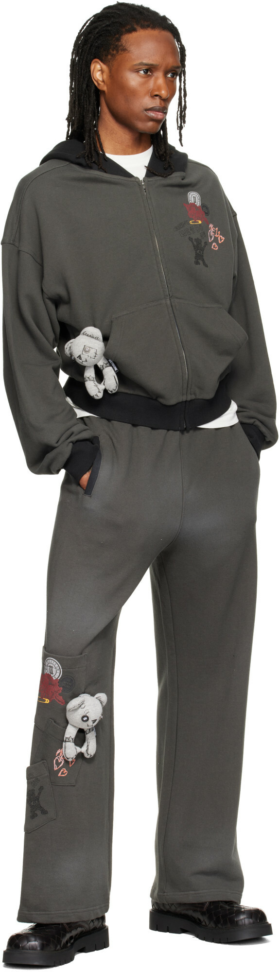 We11done Gray Washed Doodle Teddy Zip-Up Hoodie