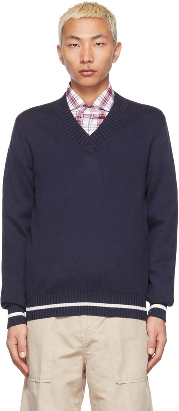 Photo: Brunello Cucinelli Navy Cotton V-Neck Sweater