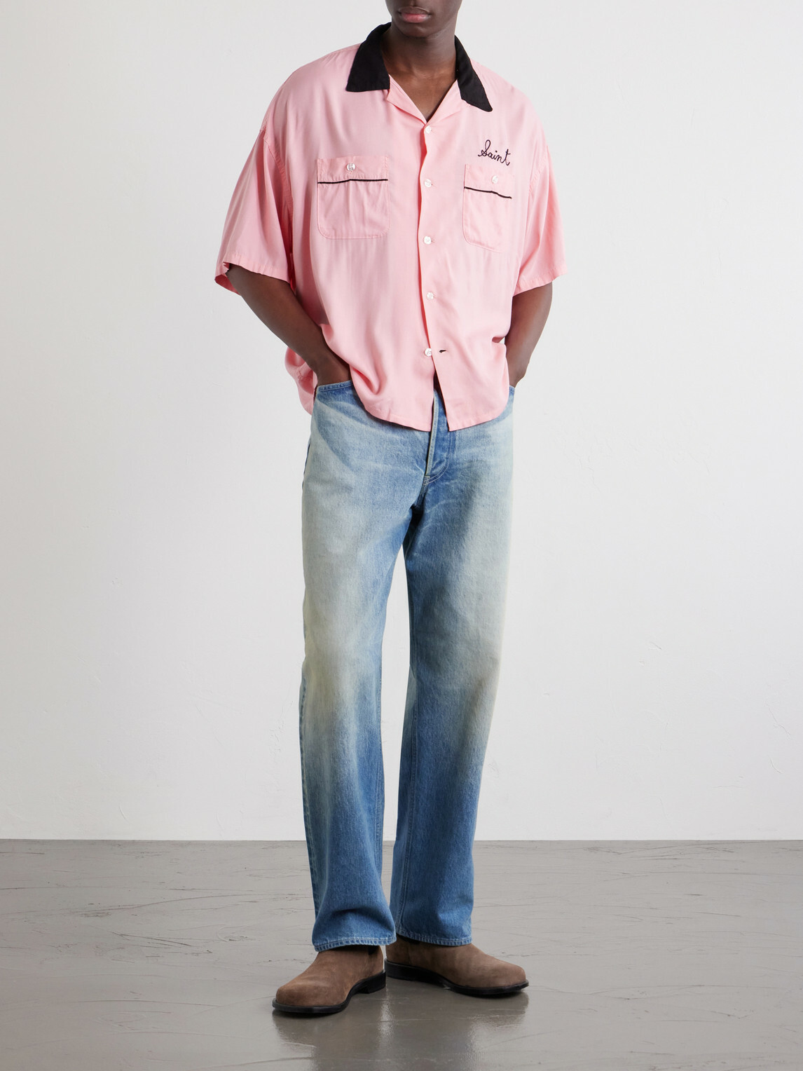 SAINT MXXXXXX - Deck of Cards Convertible-Collar Logo-Embroidered Satin Shirt - Pink
