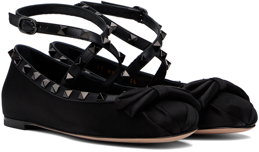 Valentino Garavani Black Rockstud Satin Ballerina Flats