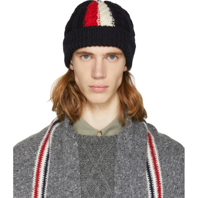 Photo: Thom Browne SSENSE Exclusive Navy Aran Cable Knit Beanie