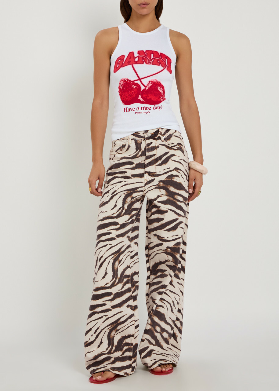 Ganni Lari Zebra-print Wide-leg Jeans White