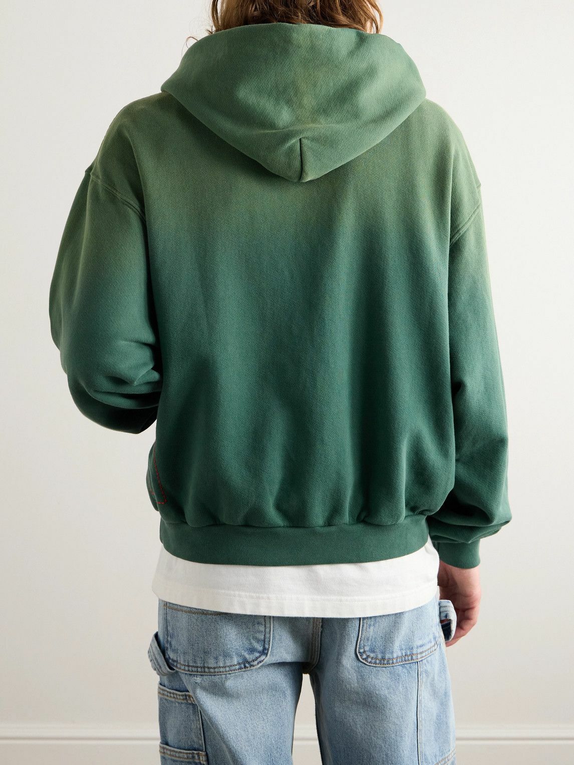 Cherry Los Angeles - Distressed Logo-Appliquéd Cotton-Jersey Hoodie - Green