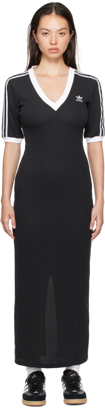 Photo: adidas Originals Black Adicolor 3-Stripes Knit V-Neck Maxi Dress
