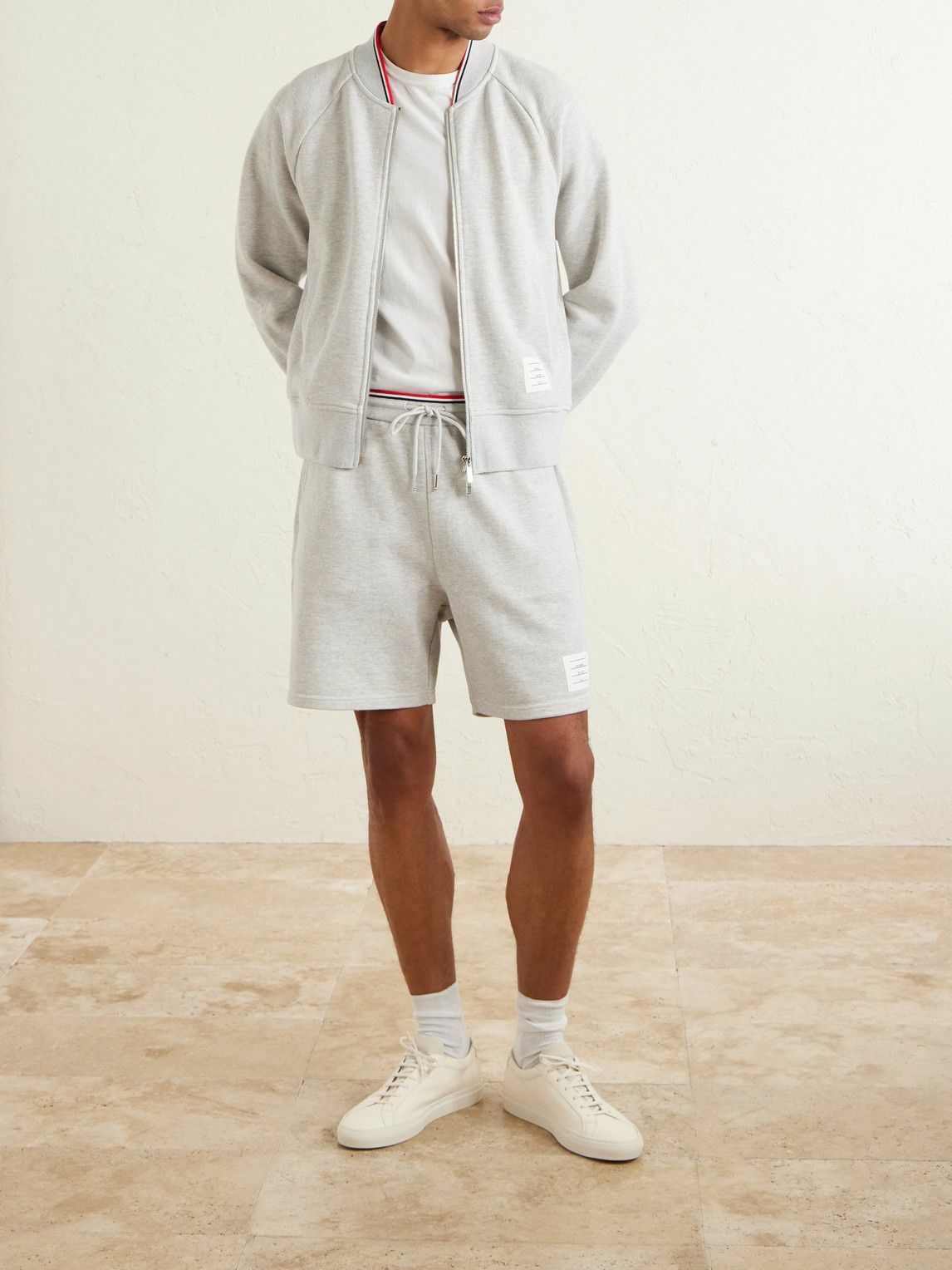 Thom Browne - Straight-Leg Logo-Appliquéd Striped Cotton-Piqué Drawstring Shorts - Gray