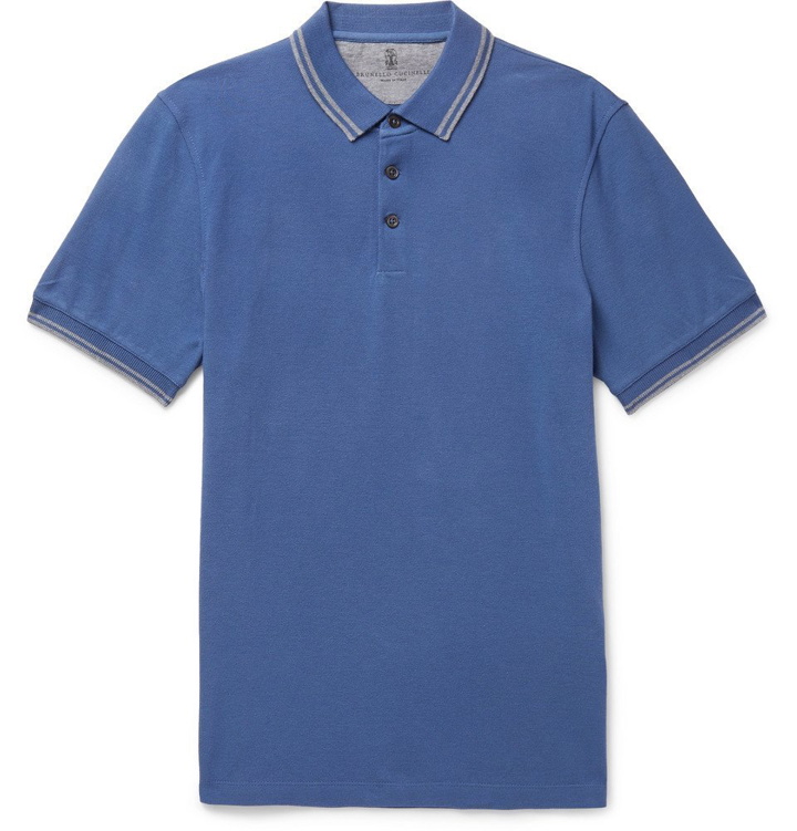 Photo: Brunello Cucinelli - Slim-Fit Contrast-Tipped Cotton-Piqué Polo Shirt - Men - Blue