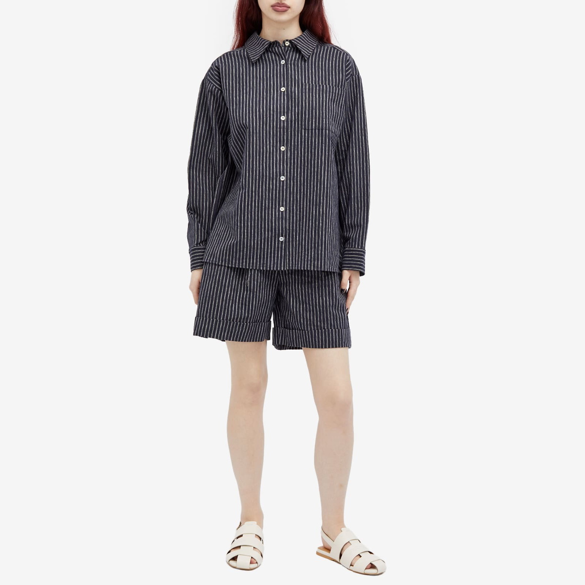 DONNI. Women's Linen Stripe Shirt in Navy Stripe