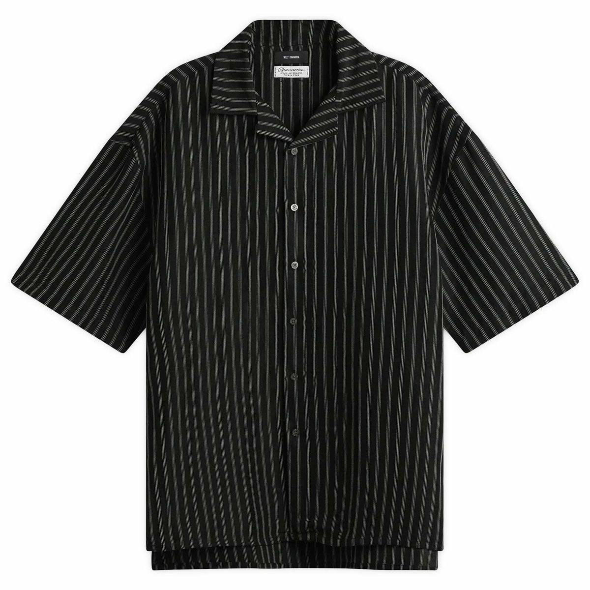 Willy Chavarria Men's Camp Collar Pinstripe Shirt in Black/White Stripe