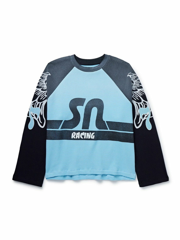 Photo: Satoshi Nakamoto - Satoshi Wings Colour-Block Printed Waffle-Knit Cotton T-Shirt - Blue