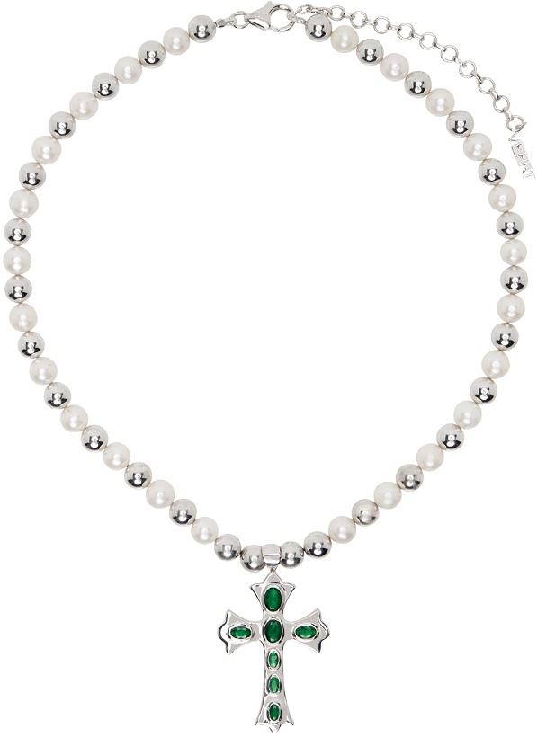 Photo: VEERT White Gold 'The Green Cross Freshwater Pearl' Necklace