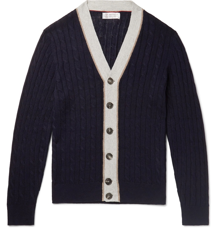 Photo: Brunello Cucinelli - Striped Cable-Knit Linen and Cotton-Blend Cardigan - Blue