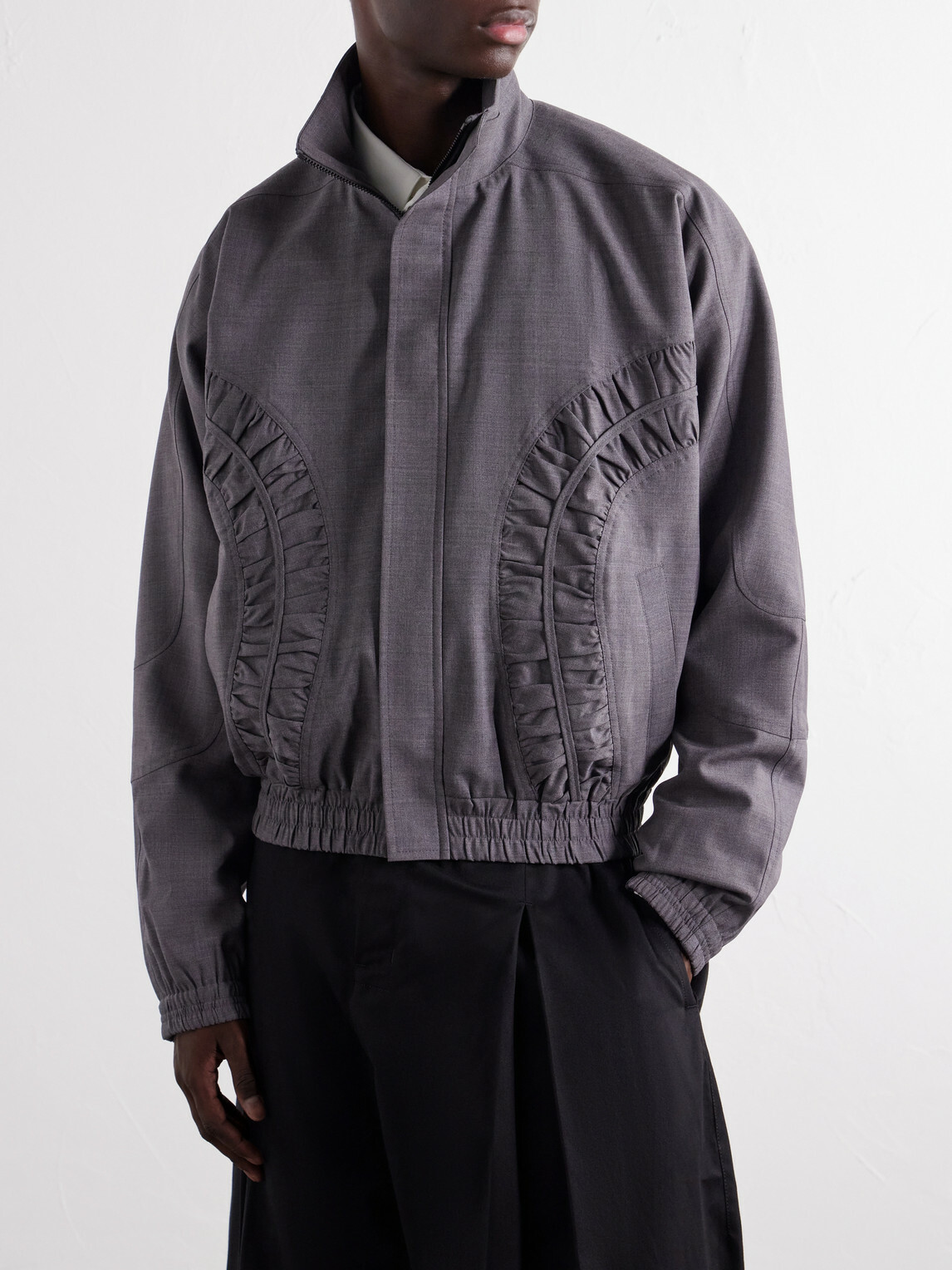 SAGE NATION - Fossil Ruched Panelled Twill Blouson Jacket - Gray