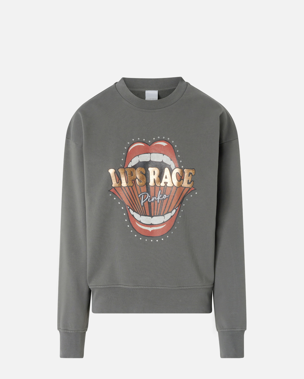 Pinko Crew Neck Sweatshirt With Lips Race Mouth Print Grey Dark Seagull