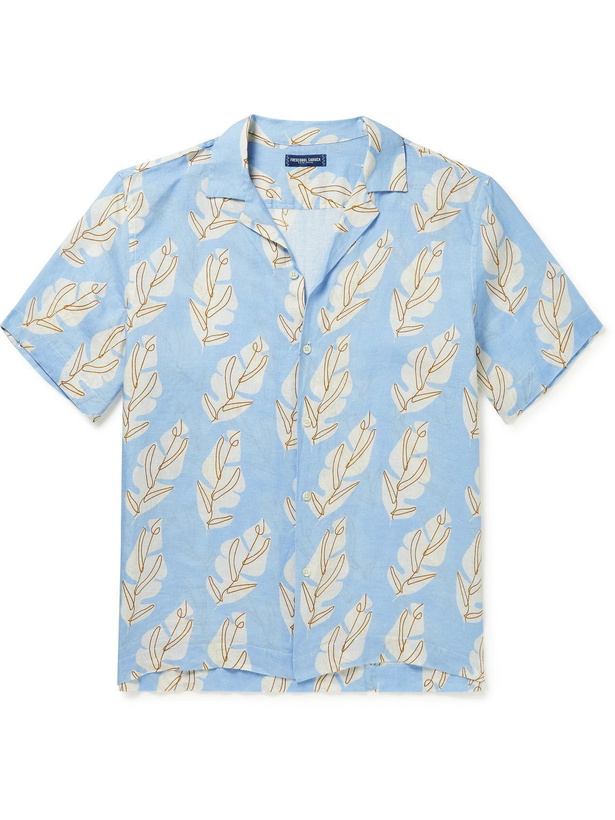 Photo: Frescobol Carioca - Roberto Camp-Collar Printed Linen Shirt - Blue