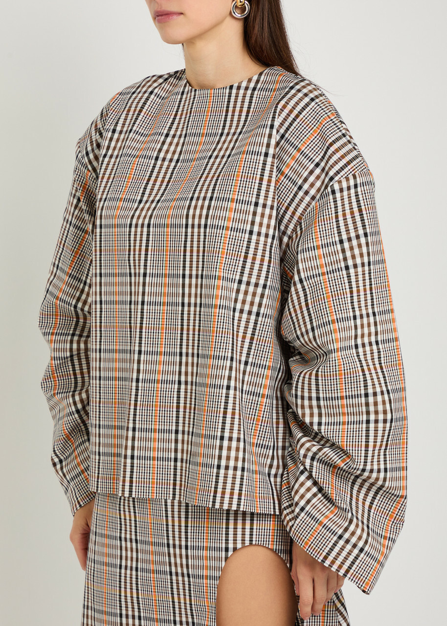 A.W.A.K.E Mode Checked Drawstring Cotton-blend top Brown