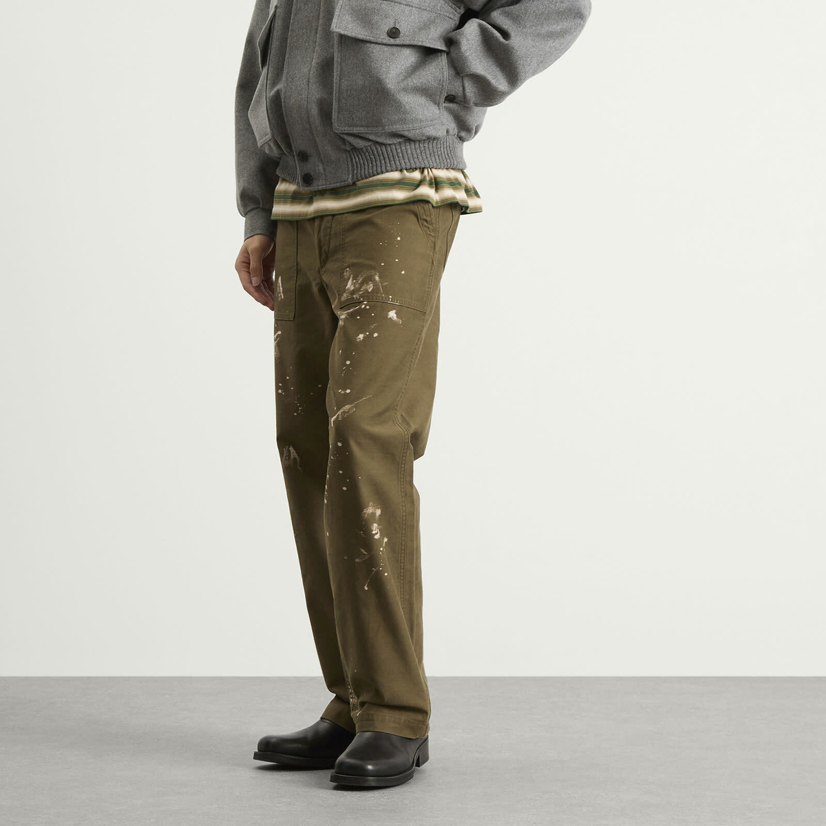 Auralee Men's Washed Baggy Satin Bleached Baker Pants in Khaki