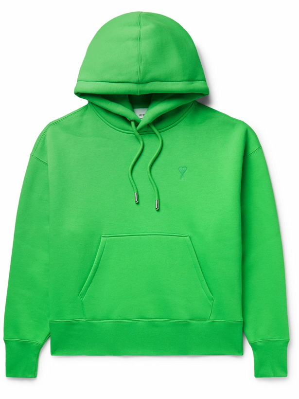 Photo: AMI PARIS - Logo-Embroidered Cotton-Blend Jersey Hoodie - Green