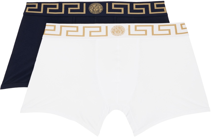 Versace Underwear Two-Pack Black & White Greca Border Boxers Versace  Underwear