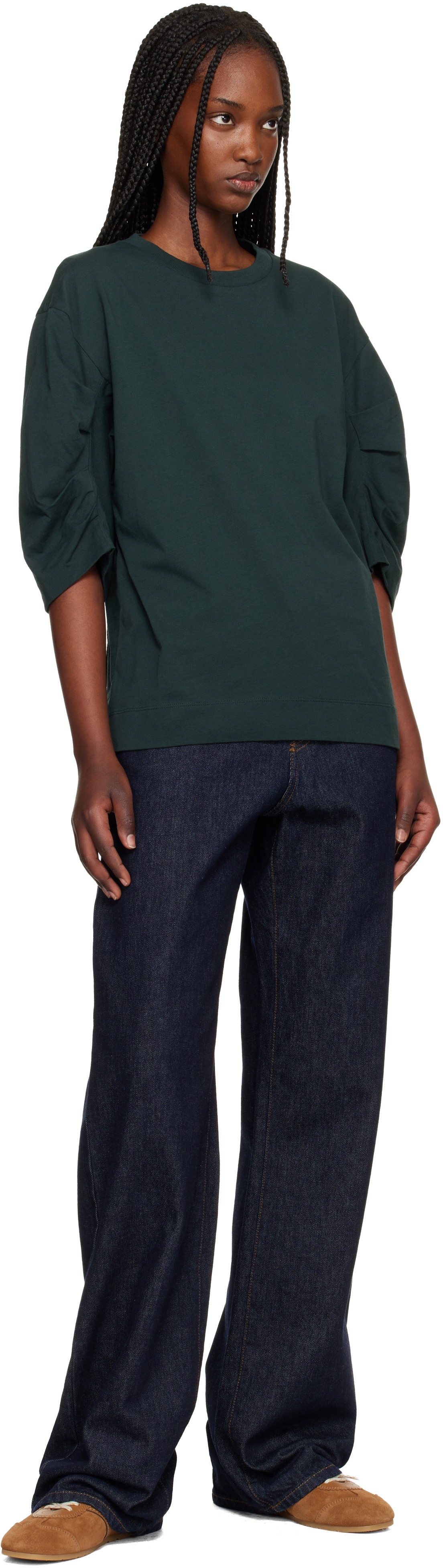 Dries Van Noten Green Pleated Sleeve T-shirt