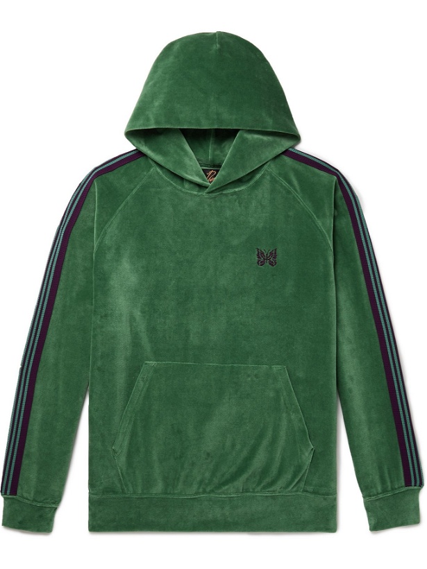 Photo: Needles - Logo-Embroidered Webbing-Trimmed Cotton-Blend Velour Hoodie - Green
