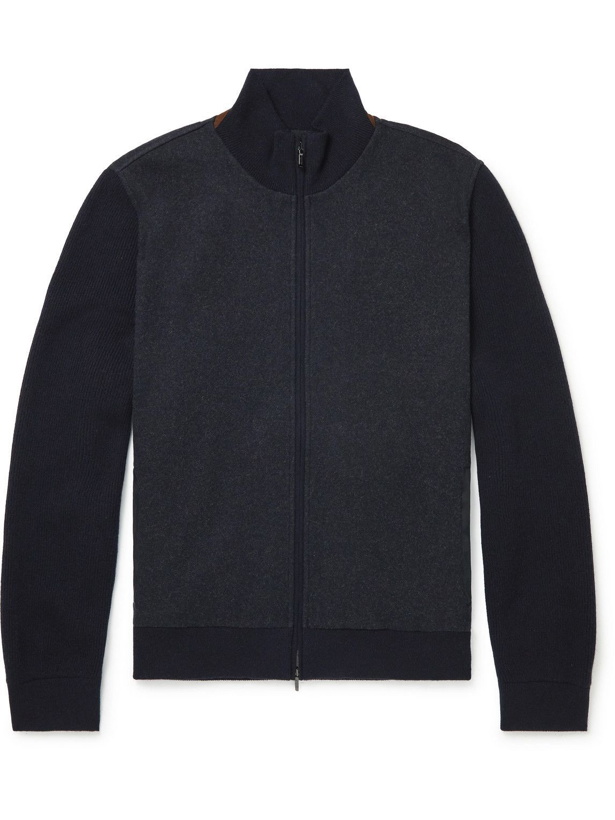 Photo: Loro Piana - Helmwood Suede-Trimmed Cashmere-Blend Zip-Up Cardigan - Blue