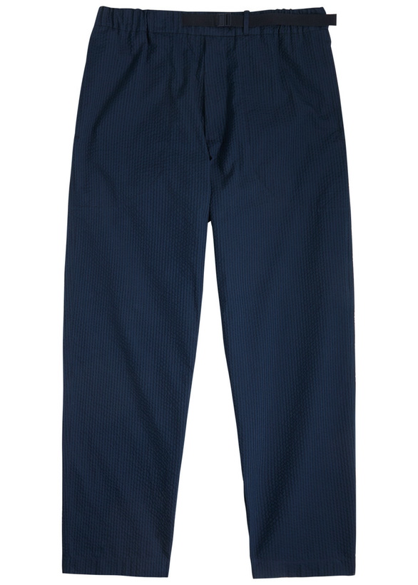 Photo: Moncler Tapered-leg Seersucker Trousers Navy