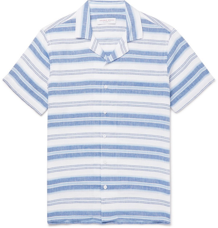 Photo: Orlebar Brown - Travis Camp-Collar Striped Linen and Cotton-Blend Shirt - Men - Blue