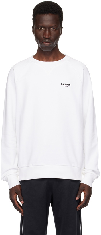 Photo: Balmain White 'Balmain Paris' Flocked Sweatshirt