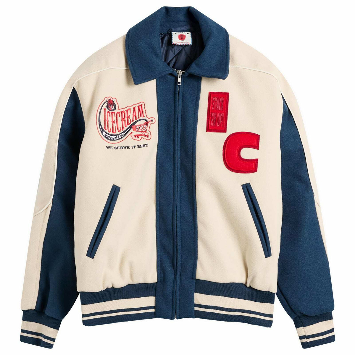 ICECREAM Men's Checkout Varsity Jacket in Ecru/Blue