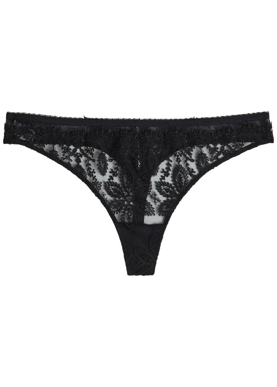 Simone PÉRÈLE Précieuse Floral-embroidered Tulle Thong Black