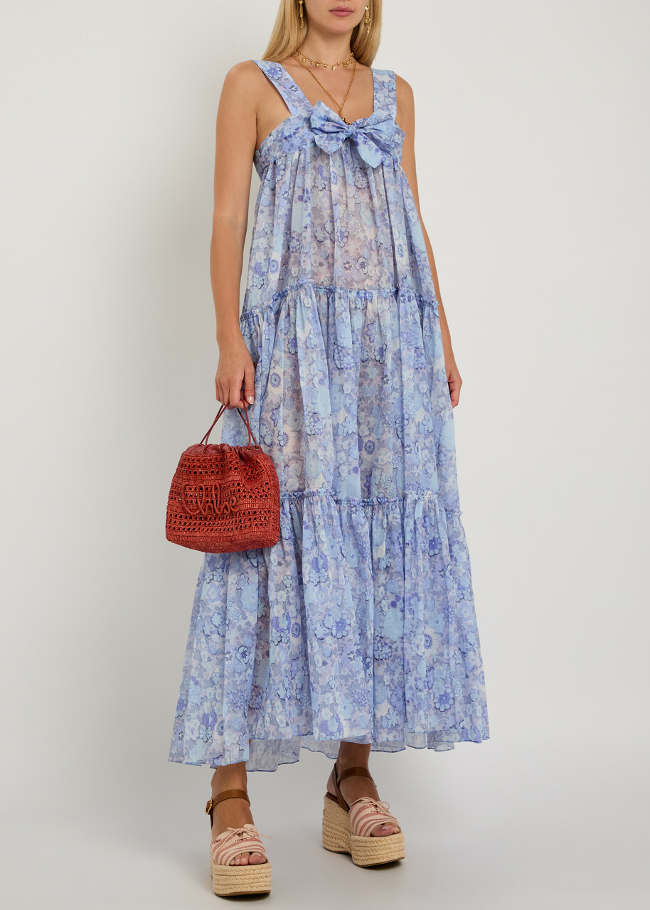Chloe Floral-print Tiered Cotton Midi Dress Blue
