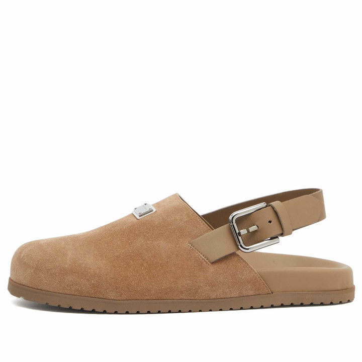 Photo: Dolce & Gabbana Men's Badge Logo Suede Clog in Hazelnut