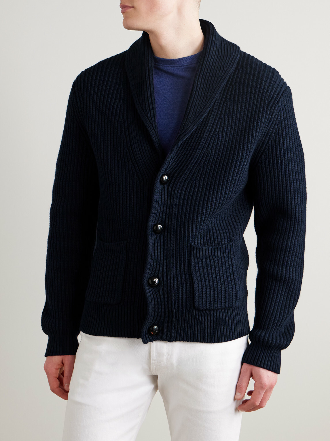 Mr P. - Shawl-Collar Ribbed Cotton and Cashmere-Blend Cardigan - Blue