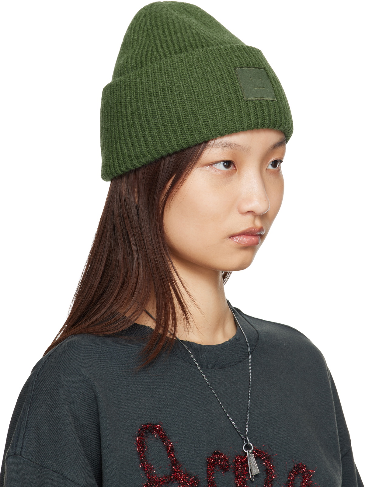 Acne Studios Green Face Logo Beanie