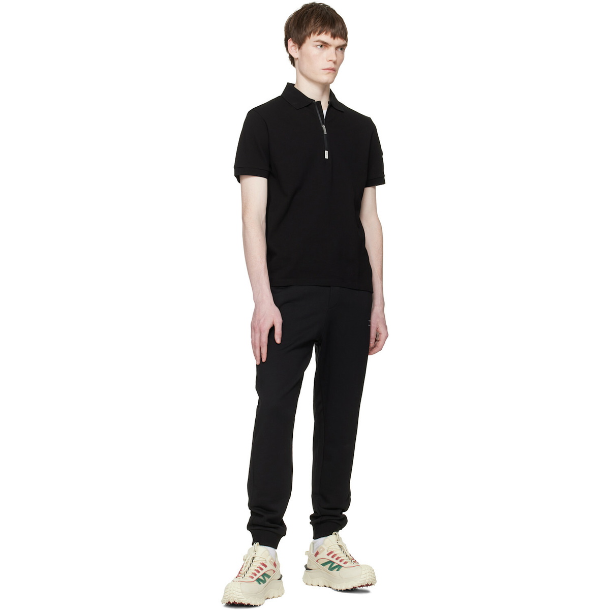 Moncler Black Logo Cotton Piquet Half Zip Polo