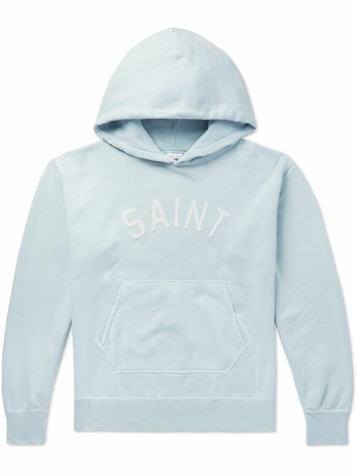 Photo: SAINT Mxxxxxx - Logo-Appliquéd Distressed Cotton-Jersey Hoodie - Blue