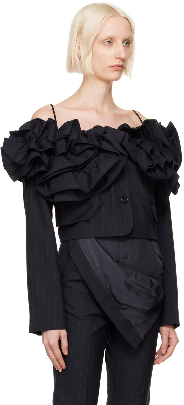 Pushbutton Navy Off The Shoulder Frill Jacket